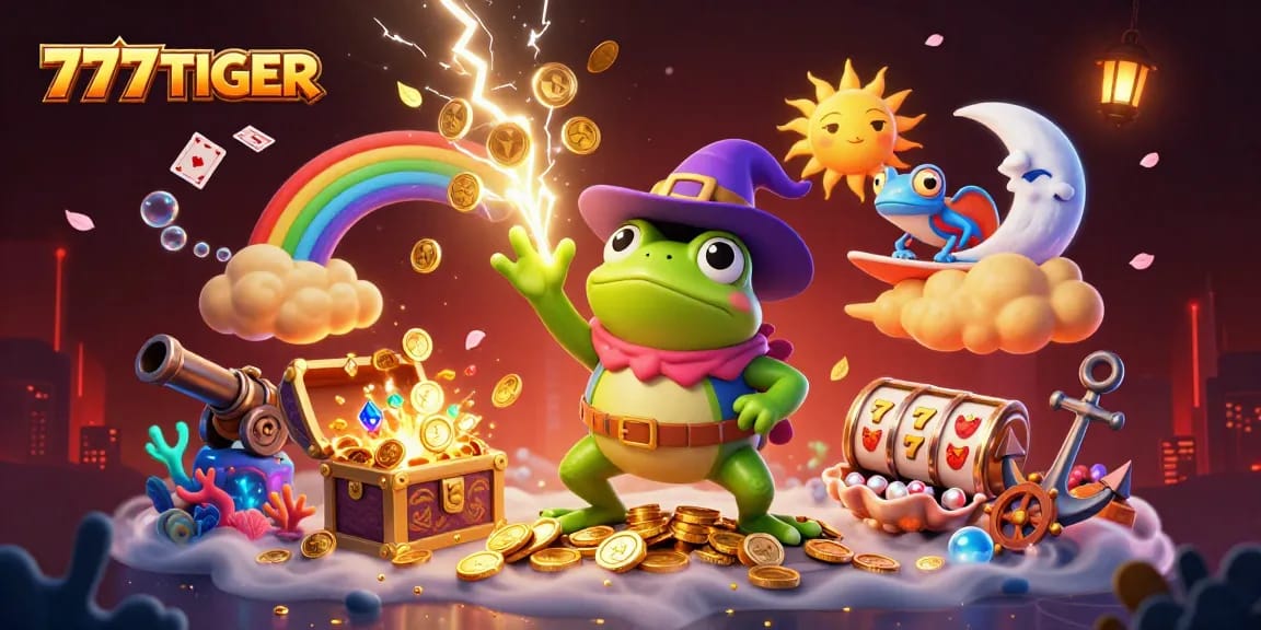 Experience excitement at 777TIGER with thrilling games depicted in a vibrant 3D casino scene.