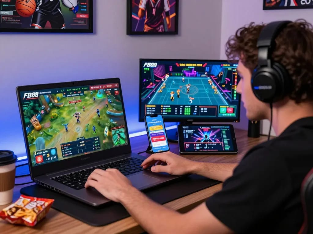 Engaged user betting on FB88 platform, showing link vào fb88 on laptop and smartphone, dynamic online gaming atmosphere.