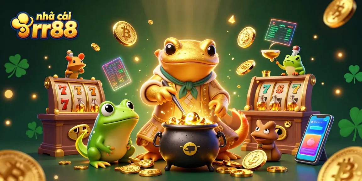 Join the action at nhà cái rr88 with vibrant golden coins, slot reels, and lively characters in this engaging casino scene.