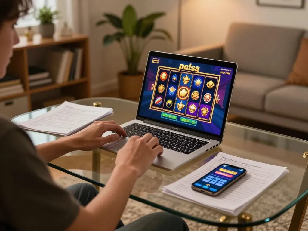 Engaging in slot pulsa online gameplay with a laptop in a cozy home setting, showcasing strategic notes.