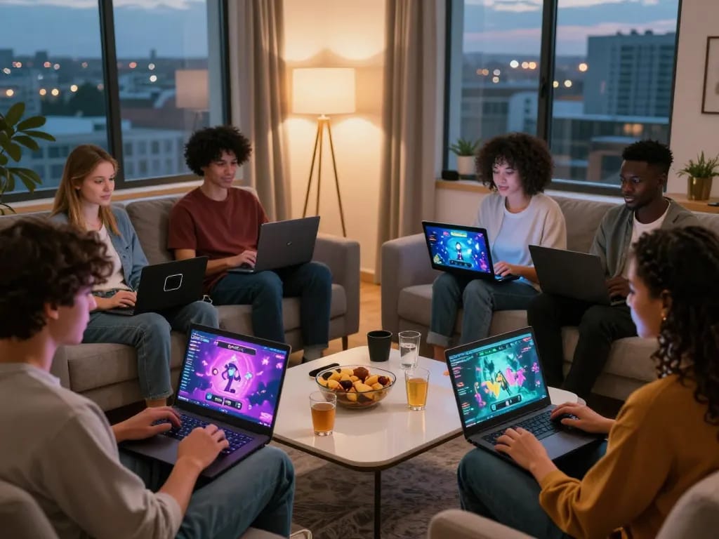 Players enjoying html porn games in a cozy living room setting with colorful graphics and engaging atmosphere.