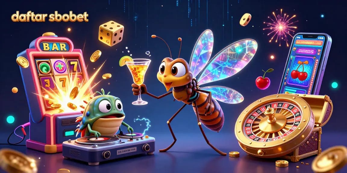 Experience daftar sbobet with vibrant casino elements and animated characters in a dynamic scene.