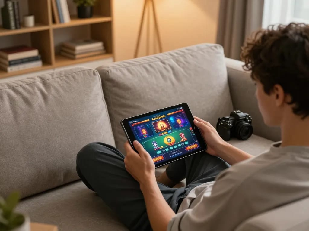 Player engaging in strategic betting on xin88 using a tablet in a cozy living room.
