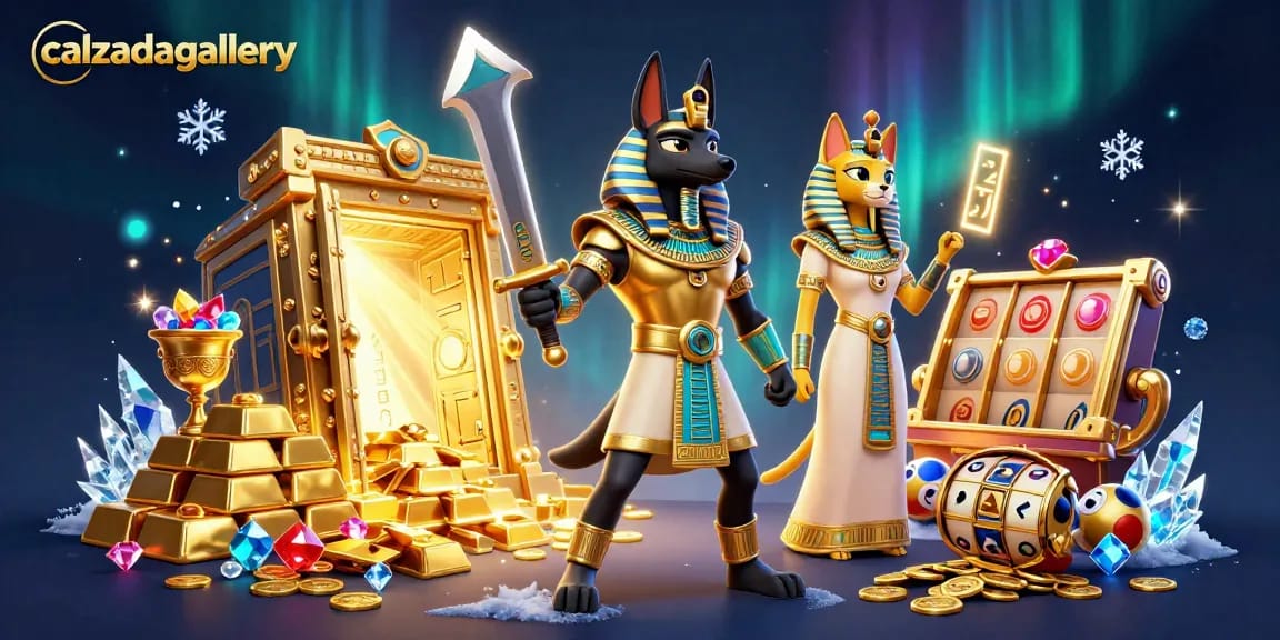 Experience excitement at calzadagallery with Anubis and Bastet amidst treasures and gaming elements.
