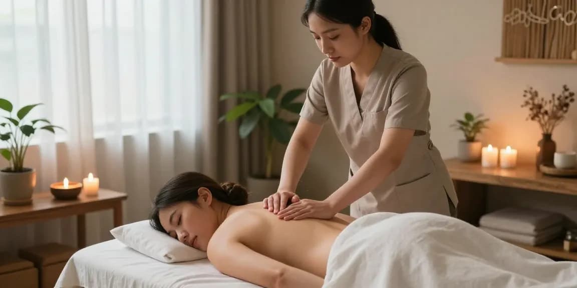 스웨디시 마사지 중인 마사지치료사와 편안한 분위기의 스파 장면