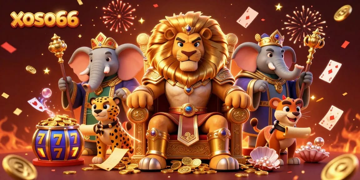 xoso66 showcases a vibrant casino scene with a lion king and elephant advisor, immersed in slot games.
