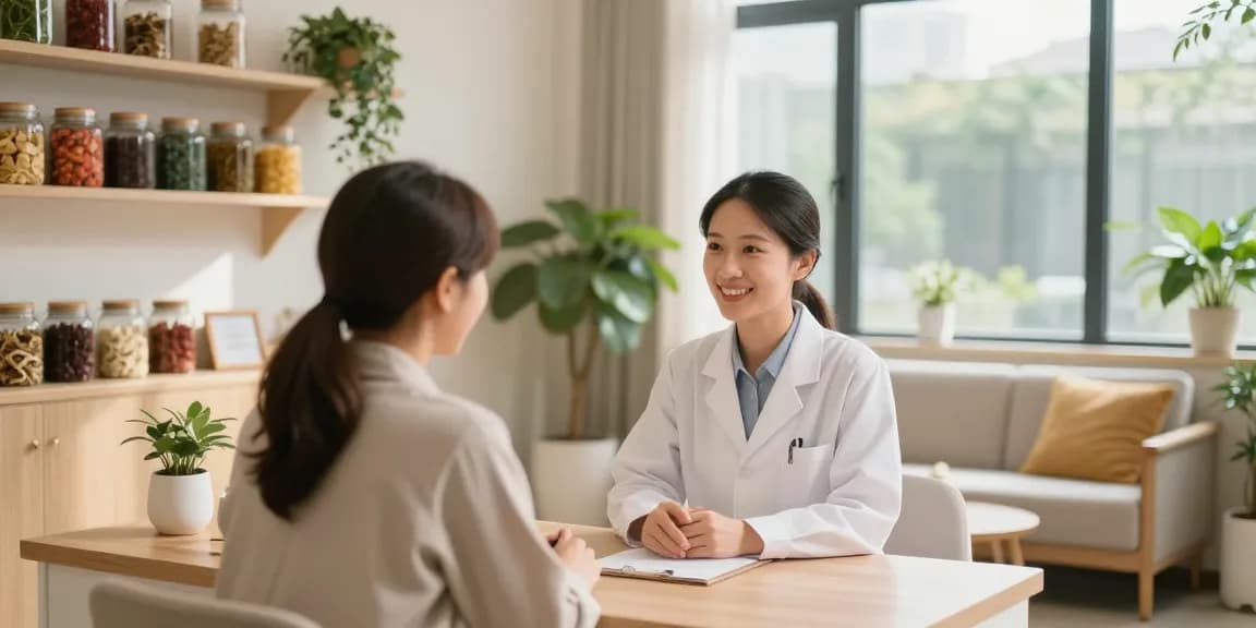 Consultation at 수원한의원 with herbal remedies and natural light.