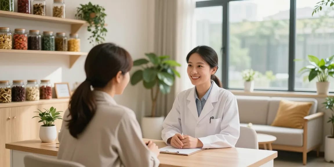 Consultation at 수원한의원 with herbal remedies and natural light.