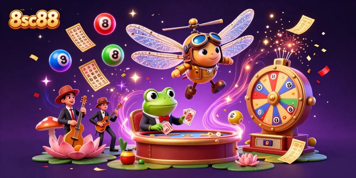 Experience thrilling gameplay at 8sc88 with vibrant casino action, colorful lottery elements, and engaging characters.