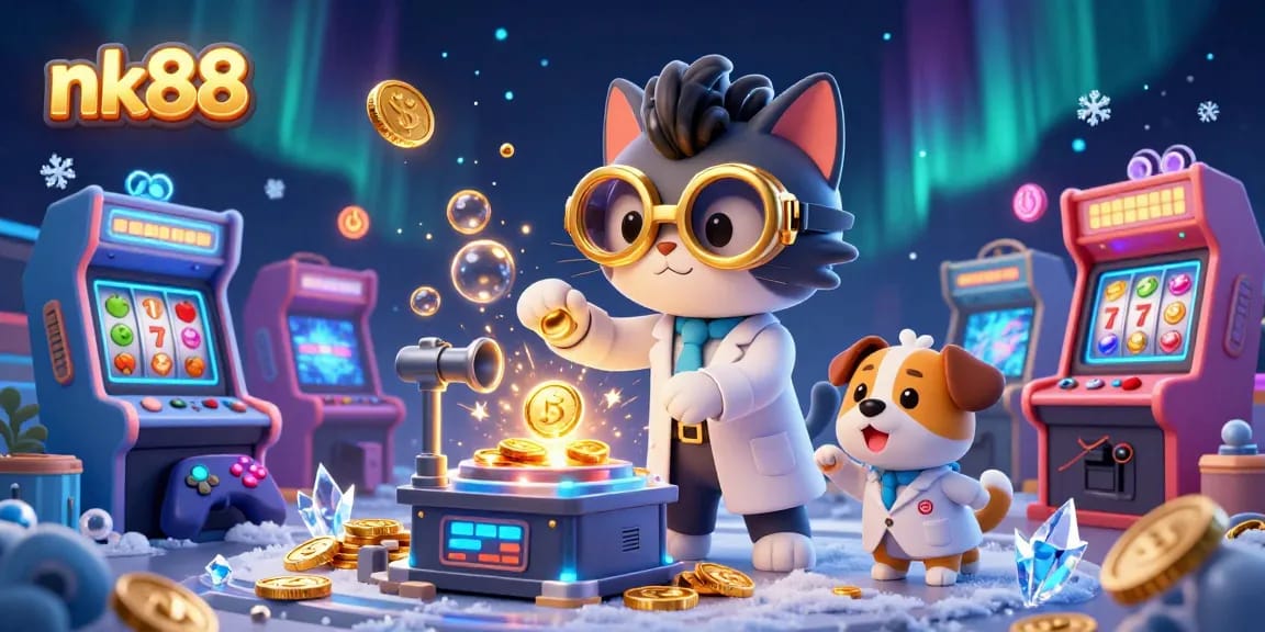 Engage with nk88's thrilling casino environment featuring a mad scientist cat and dog creating gold coins amidst vibrant game elements.