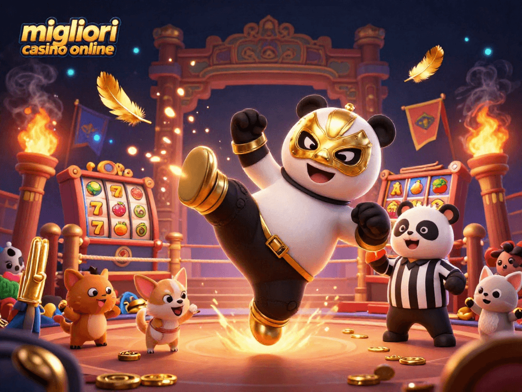 I migliori casino online mostrano un panda lottatore in azione, circondato da avventure di gioco emozionanti.