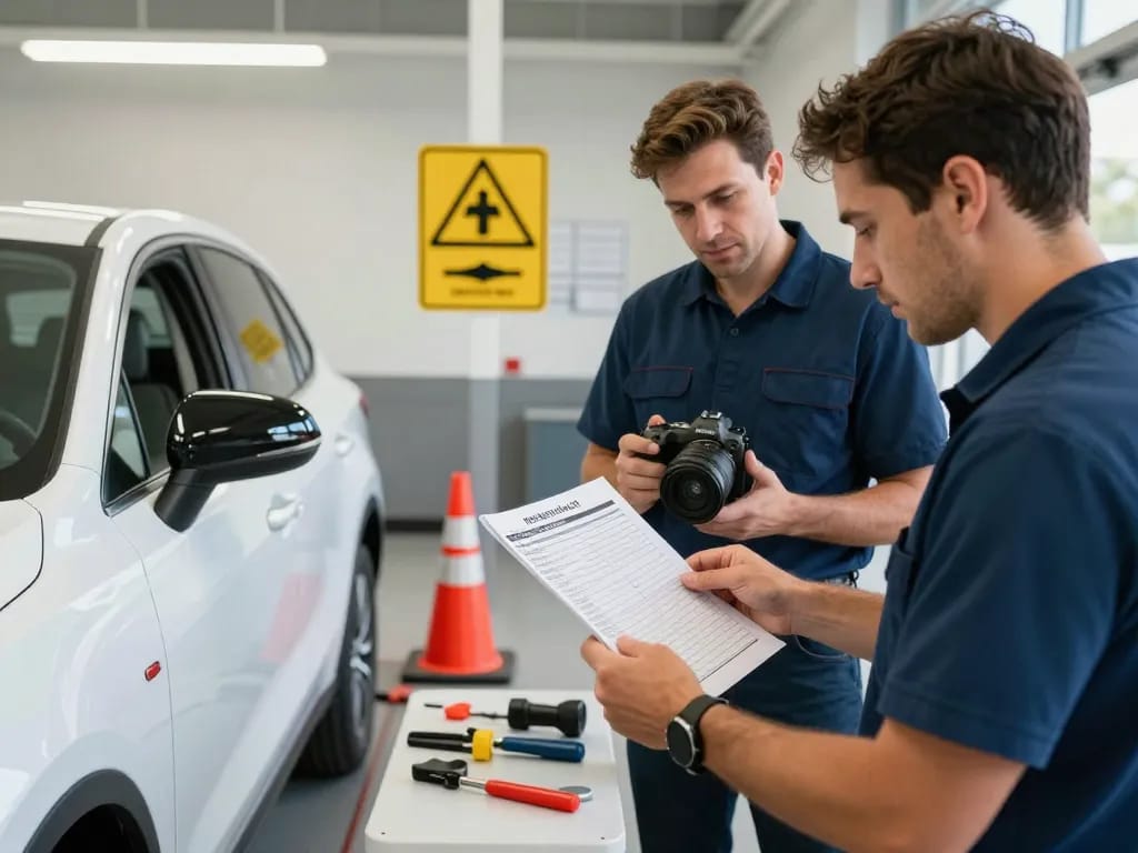 Vehicle inspection Lyft process at a mechanic station with a driver and technician ensuring safety standards.