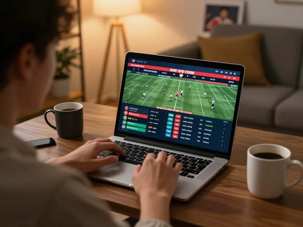 Engaged user placing bets on keonhacai while analyzing live sports odds in their cozy living room.