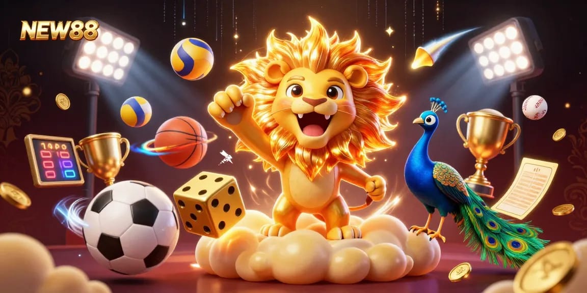 Engage in the thrilling world of NEW88 with dynamic sports betting elements and celebratory visuals.