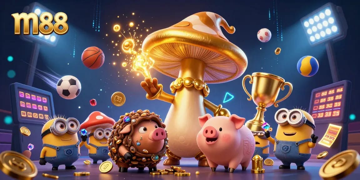 Play exciting games at m88 with dynamic golden wizard, sports balls, and rich casino elements.
