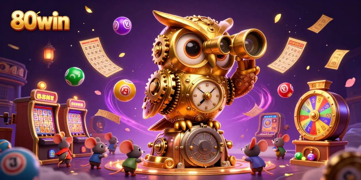 Experience exciting gameplay with 80win's animated golden owl and lively casino elements.