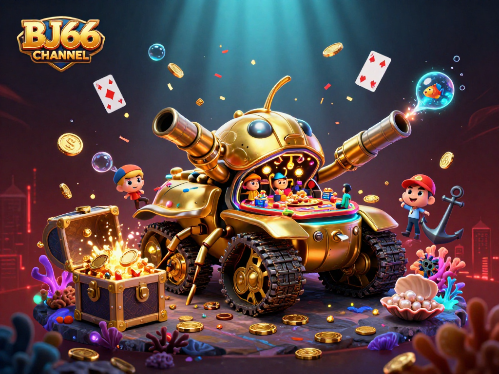 BJ66 CHANNEL showcases a vibrant casino scene with a golden beetle tank and colorful treasures.