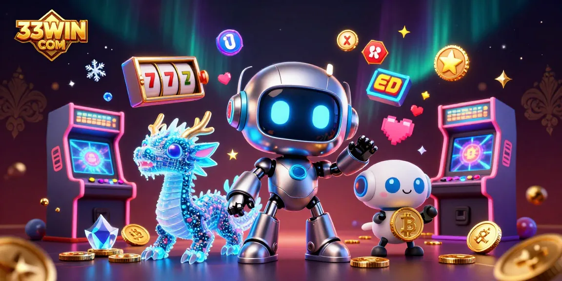 Engage in thrilling games at 33WIN COM with our dynamic 3D casino illustration showcasing vibrant gaming elements.