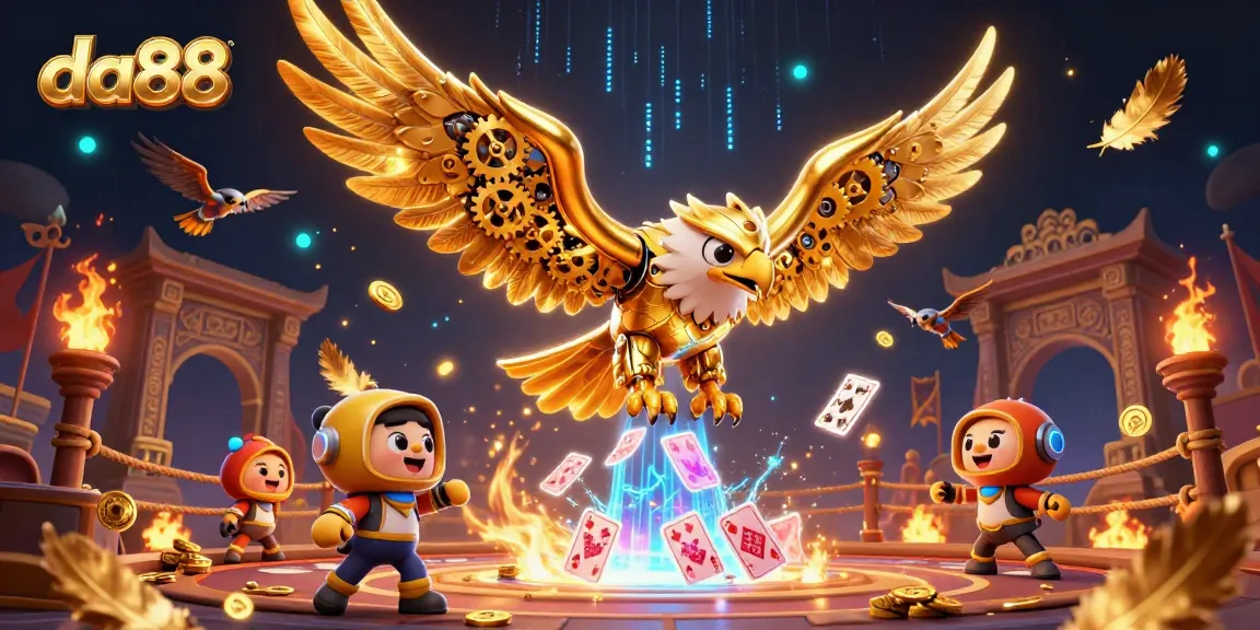 Experience thrilling wins at da88 with a cybernetic eagle amidst gaming excitement.