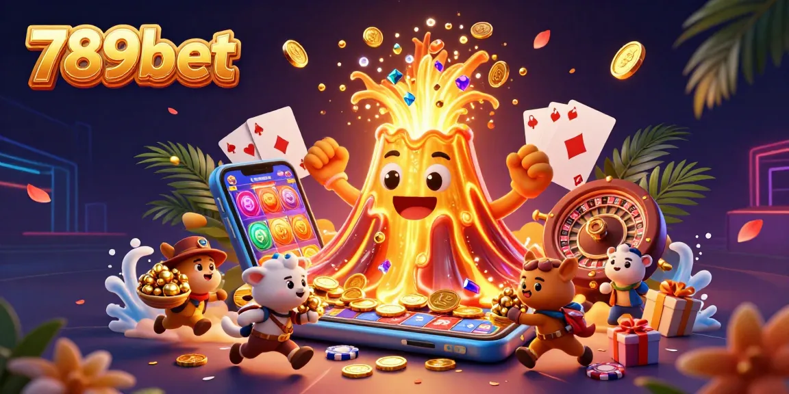 Spinning the reels at 789bet, featuring a golden volcano, playful animals, and a colorful slot game.