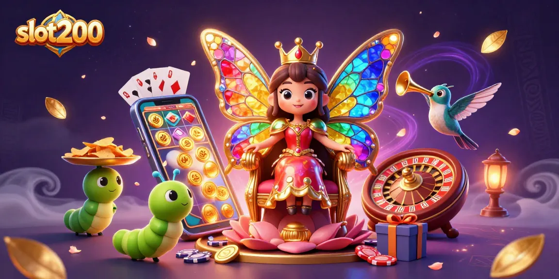 Rasakan pengalaman bermain slot200 dengan ilustrasi ratu kupu-kupu dan permainan slot yang menarik.