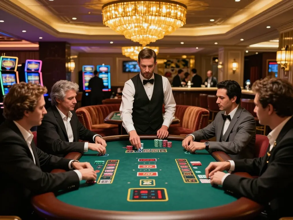 Players engaged in intense blackjack game at vin88lk casino, showcasing elegant atmosphere.