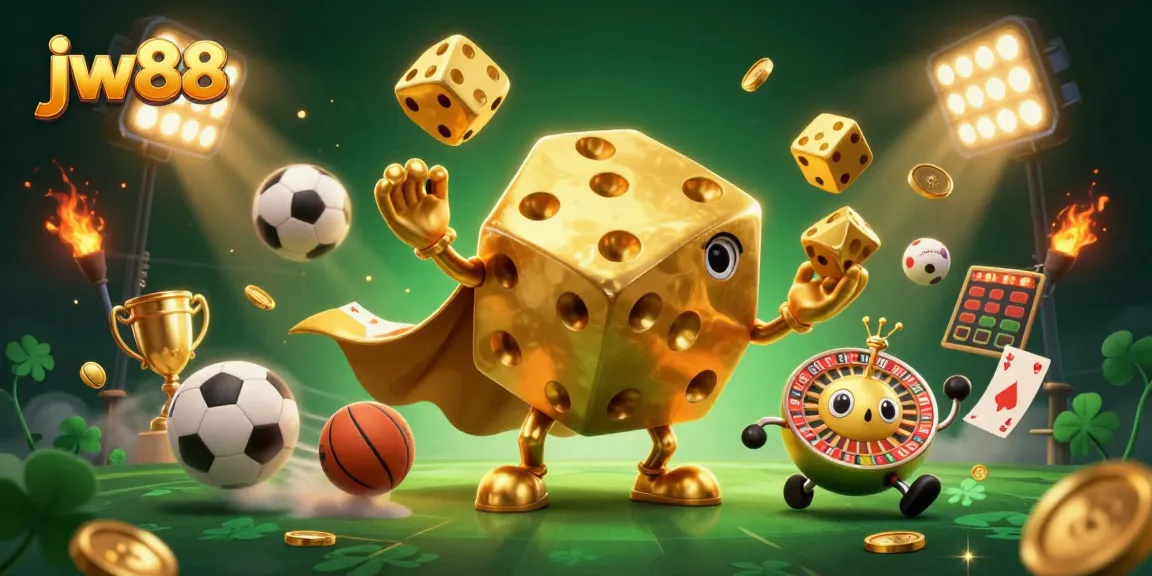 Experience thrilling gameplay at jw88 with a lively 3D casino scene featuring animated golden dice and sports elements.