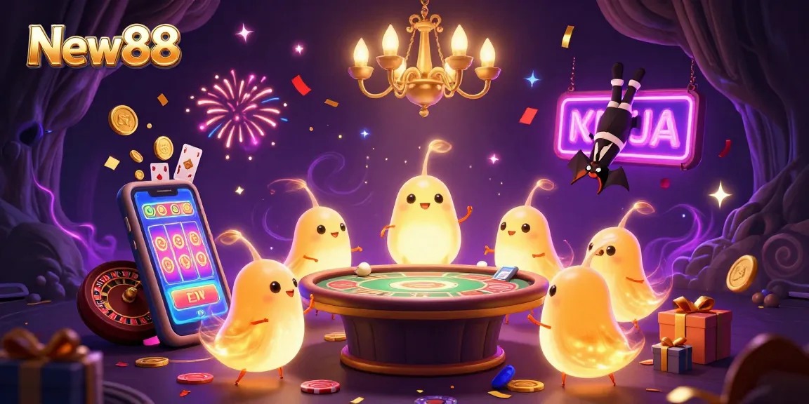 Experience vibrant gaming action at New88, where glowworms bring a cave casino to life amid celebratory elements.