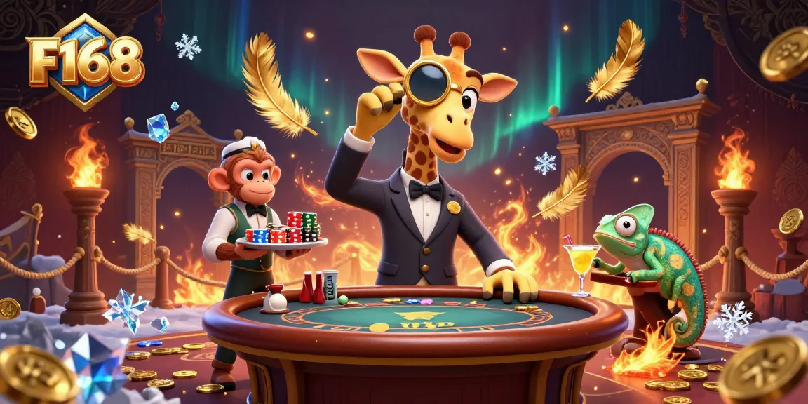 Experience the excitement of F168 with a high-roller giraffe at an extravagant casino.