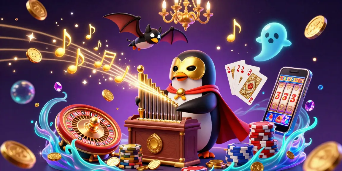 Unleash winnings with Raja game login as a penguin plays amidst golden coins and dazzling casino elements.