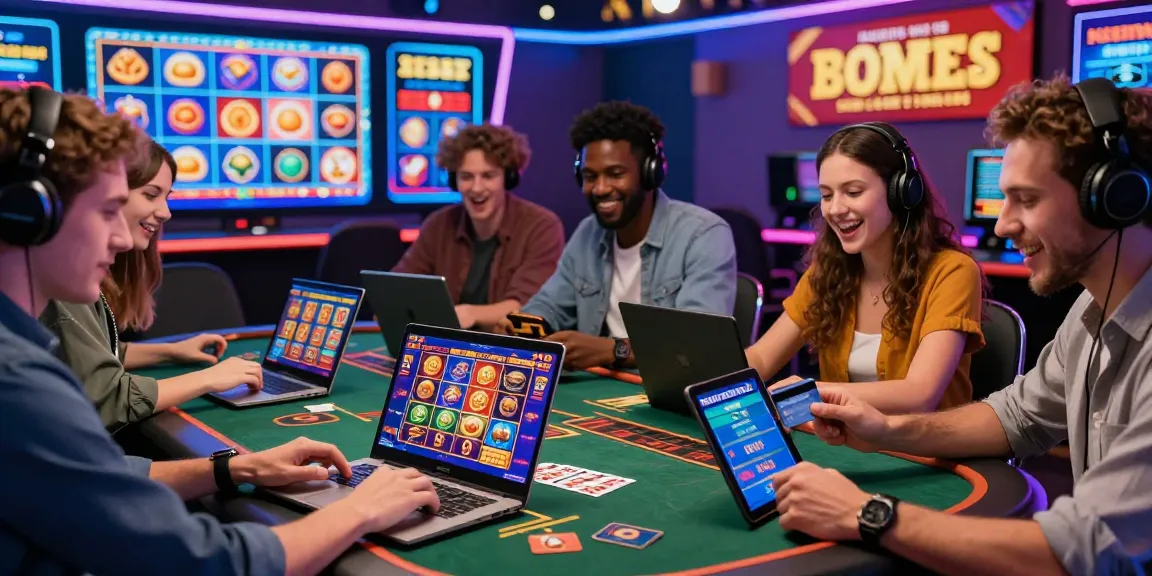 Exciting credit card casinos scene, players enjoying online games with vibrant graphics and seamless transactions.