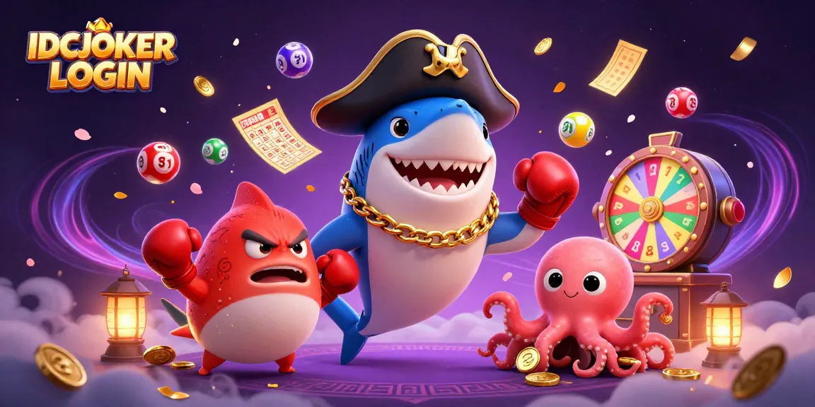 Engage in exciting gameplay with IDCJOKER LOGIN, featuring a playful pirate shark, pufferfish, and octopus amidst lottery elements.