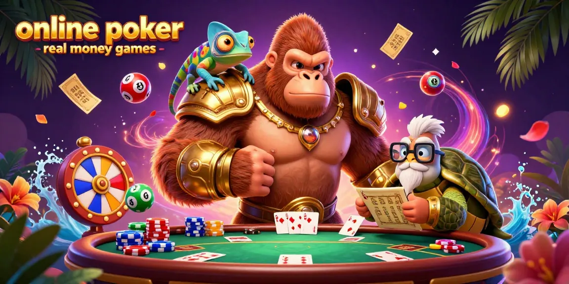 Engage in online poker real money games with a vibrant 3D illustration featuring strong characters and poker elements.