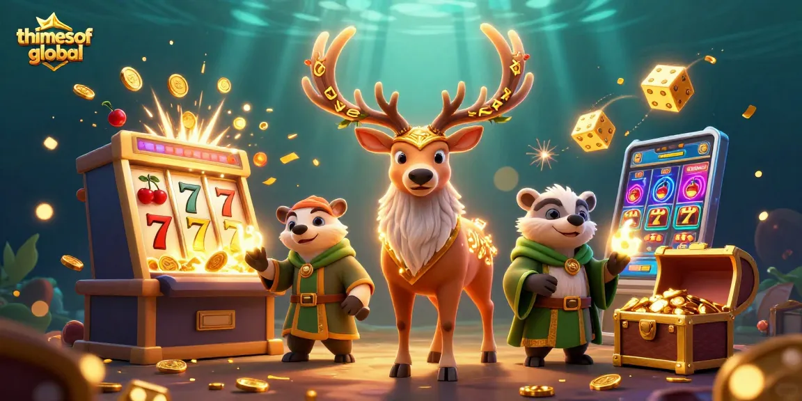 Thetimesofglobal showcases a vibrant 3D illustration of a Celtic stag, badger, and casino elements bursting with action.