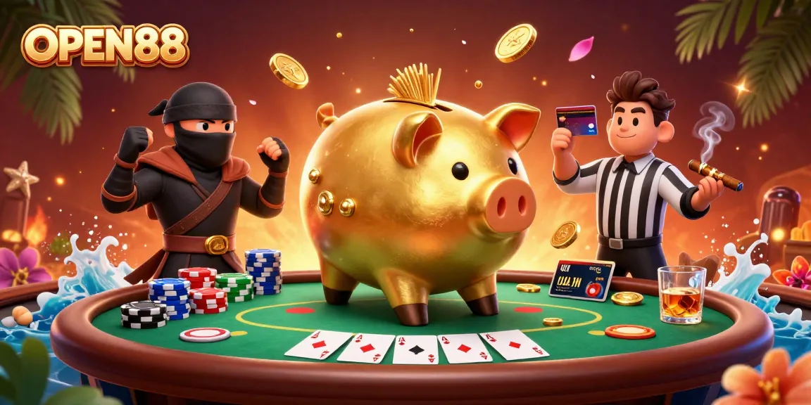 Experience the excitement of OPEN88 with a vibrant scene showcasing a sumo wrestler, ninja, and referee amidst rich casino elements.