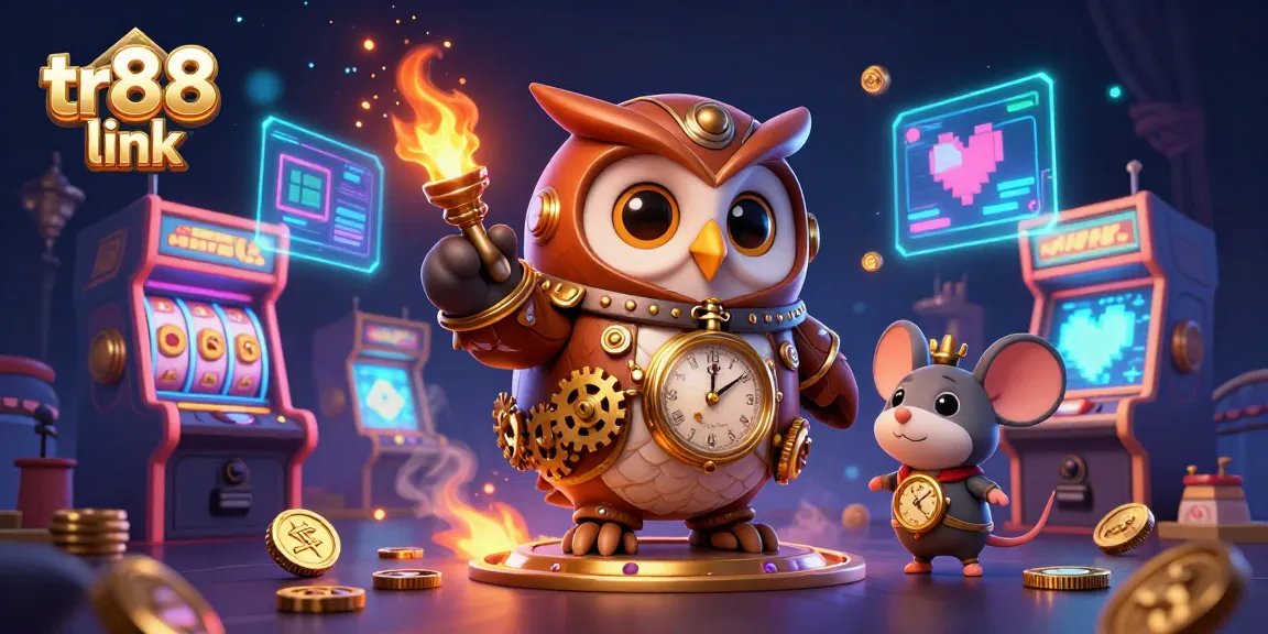 Experience exciting gameplay at tr88 link with a steampunk owl, slot machines, and vibrant gaming elements.