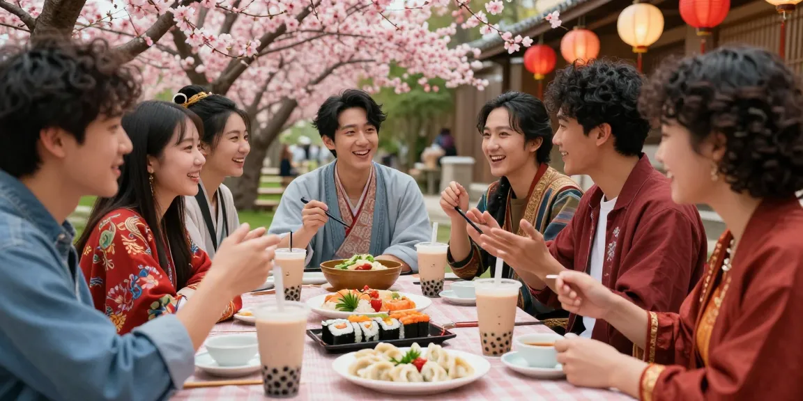Engaging cultural exchange scene at https://hanadultalk.com with friends enjoying Asian cuisine and discussing pop culture.