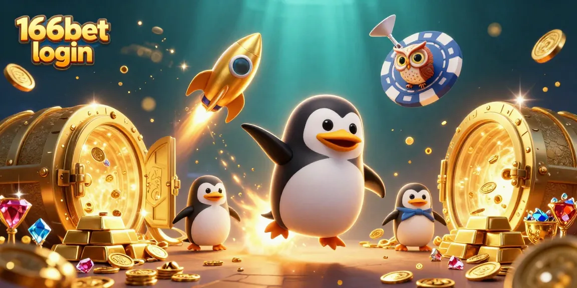 Engage with the 166bet login experience, featuring a whimsical golden penguin and dazzling casino elements.