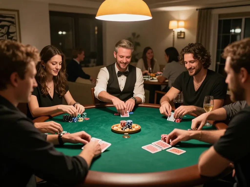 Các người chơi LUCK8 tận hưởng một đêm chơi poker căng thẳng với chip và bài trên bàn