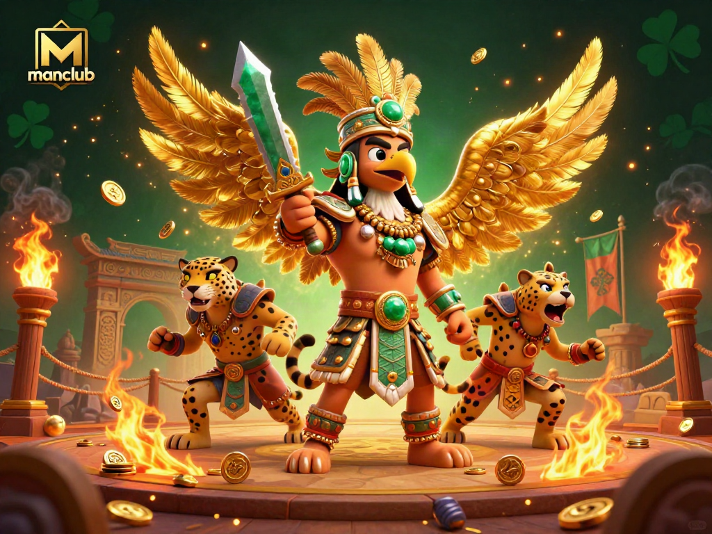 Experience thrilling winnings at manclub with an Aztec warrior and jaguar in a vibrant casino scene.