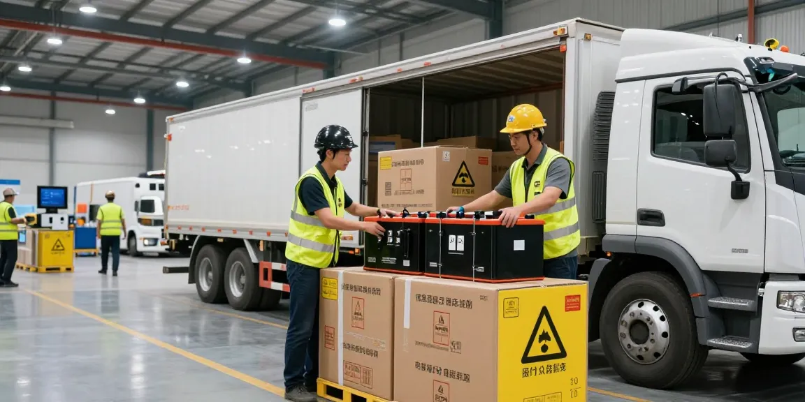 Batterie Transport in Dortmund: ADR-Fahrer beladen Lithium-Batterien sicher in ein Transportfahrzeug in einem modernen Logistikzentrum.