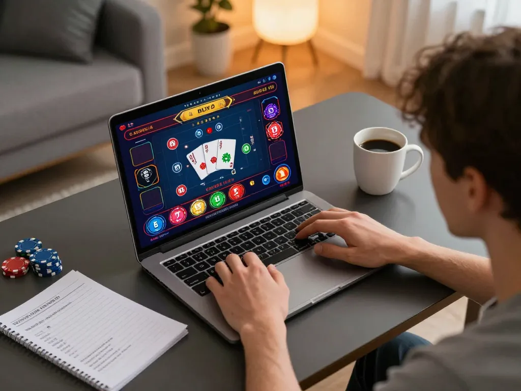 Engaging in online gaming at Nhà cái RR99, showcasing strategic gameplay and cozy home setting with modern technology.
