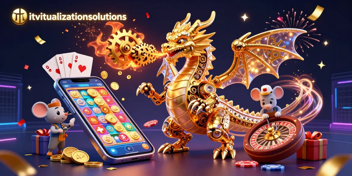 Itvirtualizationsolutions showcases a gold dragon amidst a vibrant casino scene with slots and confetti.
