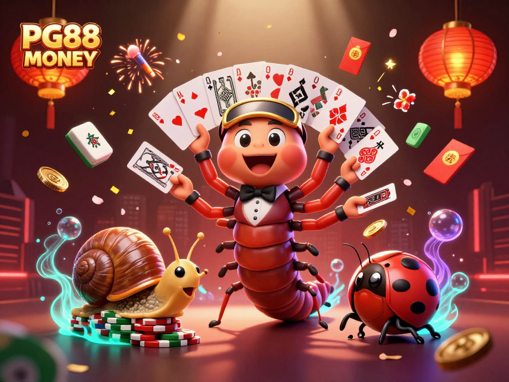 Engage with PG88 MONEY at an exciting casino scene featuring a unique dealer and vibrant game elements.