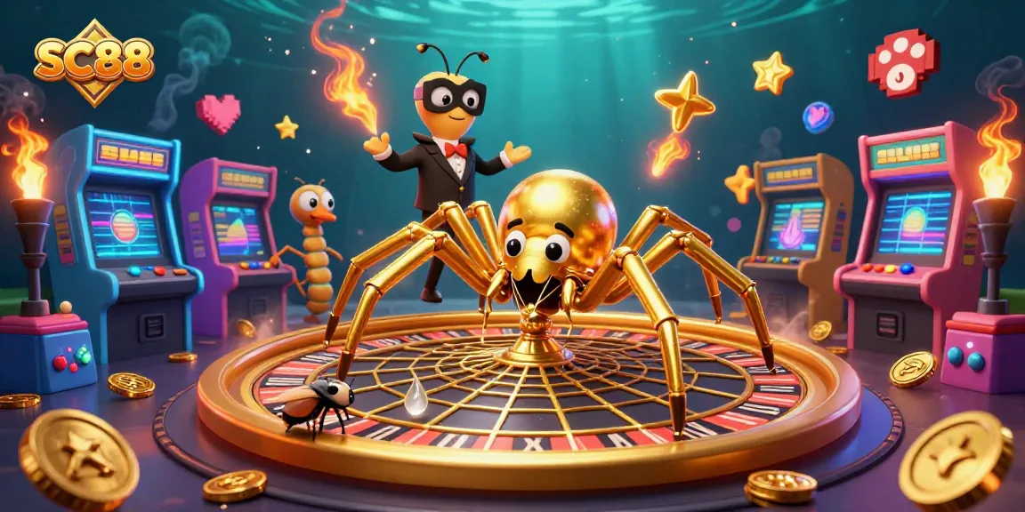 Engage with SC88's vibrant casino scene featuring a golden spider and centipede croupier.