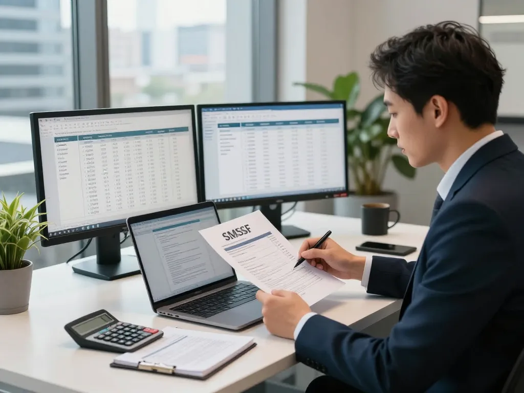 SMSF Accountant reviewing compliance documents in a modern office setting, showcasing professionalism and expertise.