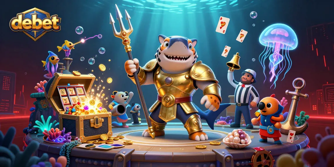 Immerse in debet action with a golden gladiator shark and dynamic slot elements in a vibrant underwater scene.