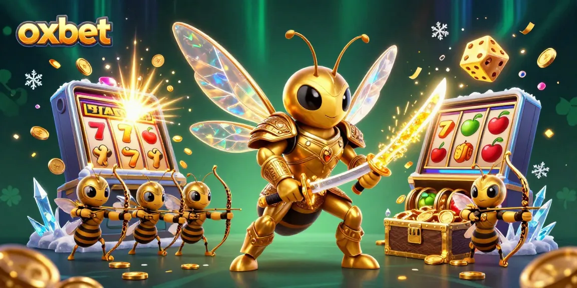 Play slots with oxbet while a golden hornet wields katana among jackpot symbols and treasure.