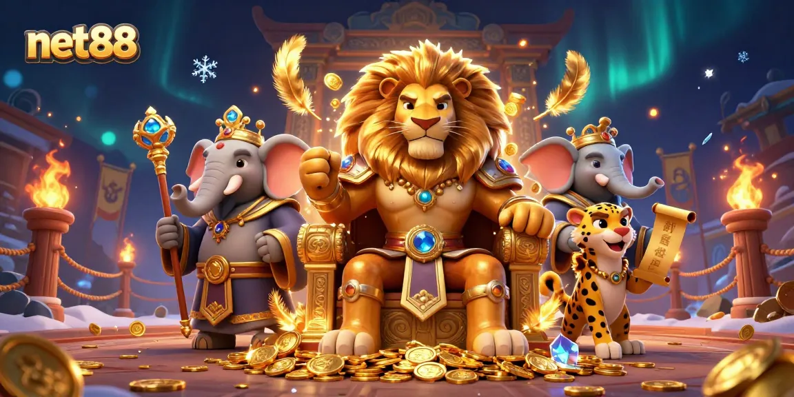 Engage with net88 through this vibrant casino illustration of majestic characters and dynamic gaming elements.