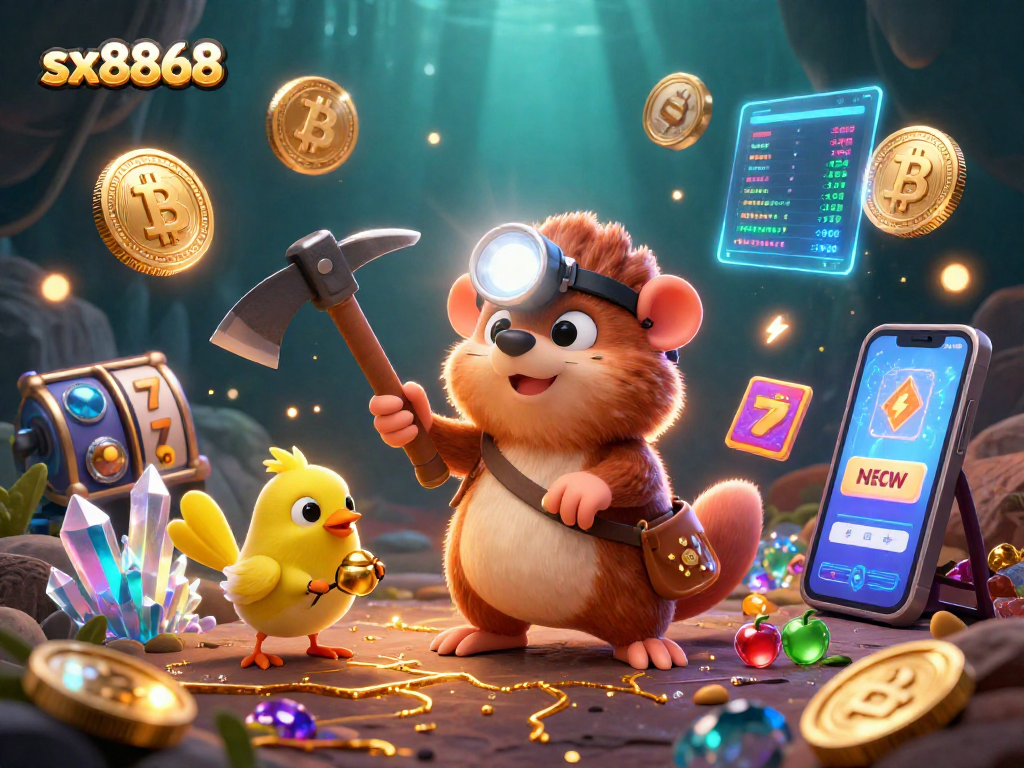 Engage with sx8868's vibrant treasure game, featuring a mole miner amidst gold and crypto.